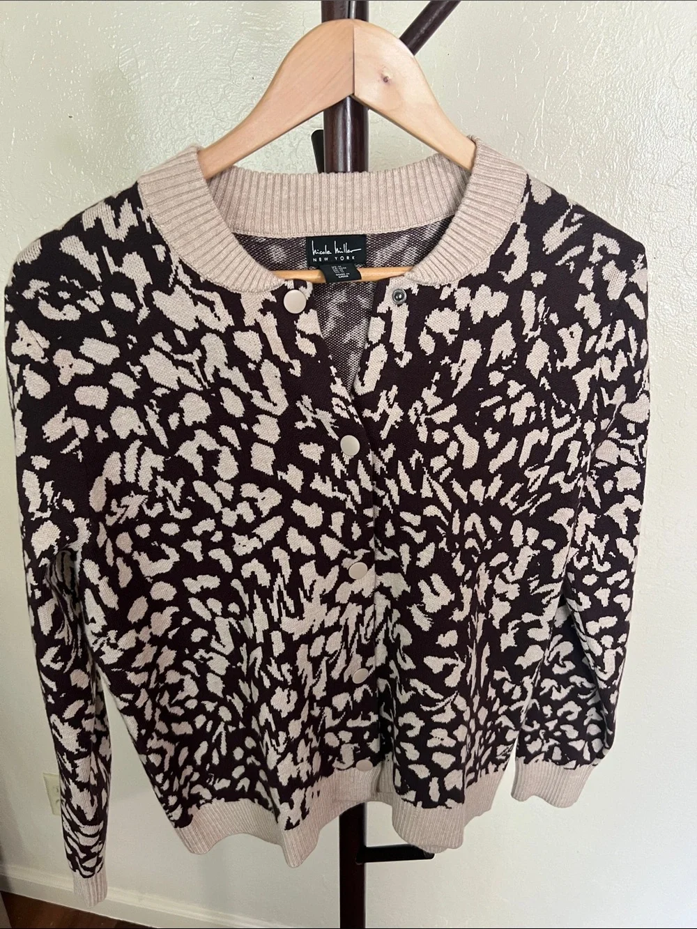 Nicole Miller Brown and Beige Animal-Print Cardigan